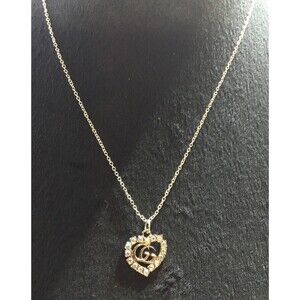 Fashion Double G Heart Clear Stones Charm On 20” .925 Silver Dainty Necklace GUC